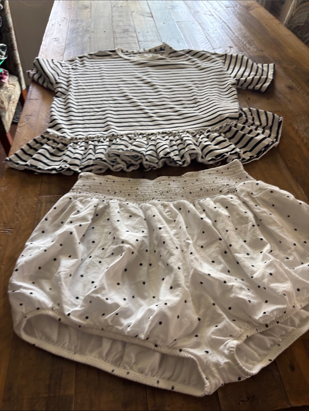 We The Free white & black stripes.long in length & White Shorts with Black dots.